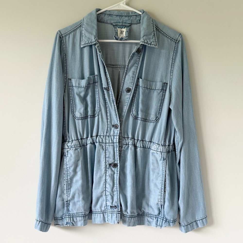 Gap Womens Light Blue Lyocell Utility Shirt Jacket Cinched Waist Small Indigo